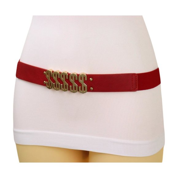 Women Red Color Elastic Waistband Skinny Belt Gold Dollar Sign $$$ Size S M z007 - Picture 14 of 16